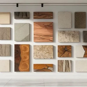A curated wall with various inlay pieces in a minimalist interior, showing spacing and intentional design.