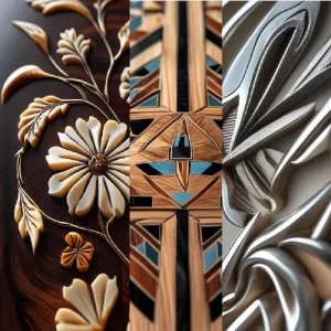 A montage showing 2–3 types of inlay art (wood, bone, metal) side by side.