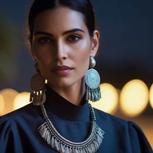 A night-time photo with warm lighting—woman wearing bold handmade jewellery like tassel earrings or a chunky silver ring, against a dark solid outfit. Include bokeh background for visual drama.