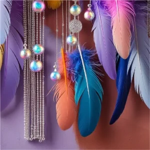 A playful composition of feathers, fringe, and beads hanging on a pastel or earthy wall.