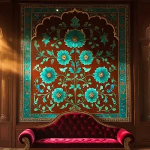 A regal interior with a Mughal or Moroccan-inspired inlay wall piece hanging as a focal point.