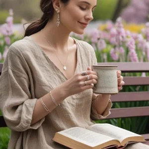 A relaxed lifestyle photo of a woman wearing a simple linen outfit paired with small handcrafted studs and stacking rings. She could be sipping coffee, holding a book, or walking in a market.