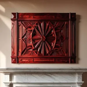 A single, bold rosewood wall piece above a fireplace or bed.
