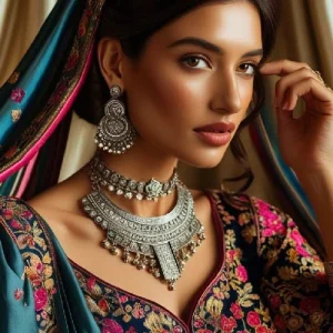 A woman wearing a vibrant South Asian outfit with statement handmade jewellery—such as kundan-style earrings, engraved bangles or a layered silver necklace. Background should include soft drapes or wedding-themed lighting.