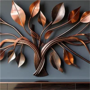 Abstract metal art above table.