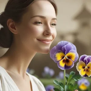 woman smelling a flower and smiling as a nostalgic scene fades in the background