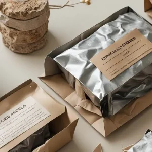Flat lay of sustainable packaging, recycled metal, and ethical stone labels.