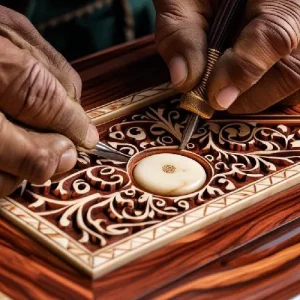 Macro shot of artisans carving inlay patterns or inserting ivory substitute into rosewood.