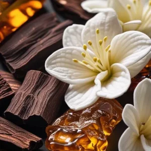 Macro shots of oud chips, amber resin, gardenia blossoms.