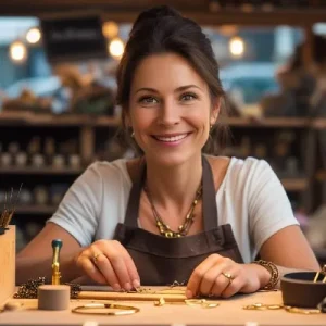 Portrait of a smiling artisan at their workbench or a small business stall.