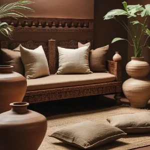 Rosewood art combined with ceramics, linen cushions, and jute rugs.