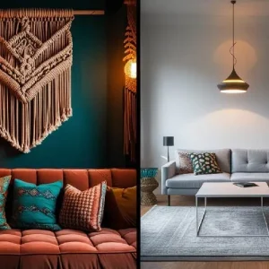 Split-frame image showing two room styles