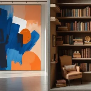 Split image of a large space with oversized art and a small cosy space with miniature detail pieces.