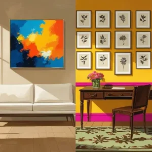 Two contrasting rooms: one neutral with vibrant artwork, one colourful with muted wall art.