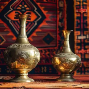 Brass vases and woven rugs