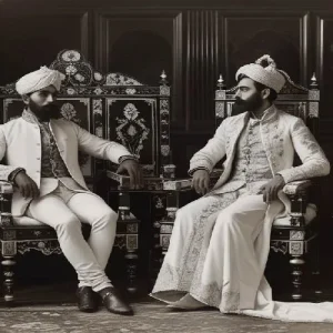 black-and-white photograph of royals surrounded by richly inlaid wooden furniture (Mughal, Persian, or Victorian).