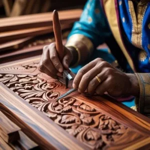 A close-up photo of a master artisan in Mysore, India, working on a rosewood inlay piece.