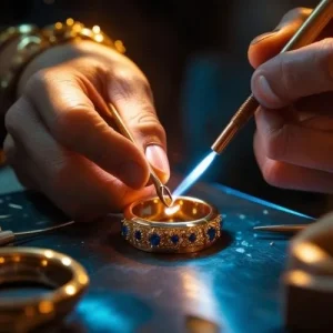 A macro shot of a jeweller soldering or stone-setting a ring or pendant with glowing detail
