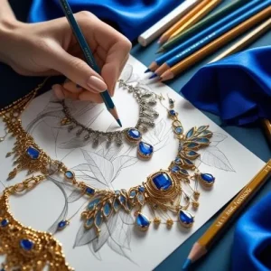 A photo of detailed jewellery sketches alongside coloured pencils and samples, maybe with a hand sketching mid-motion