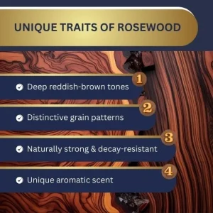 Macro shot of rosewood surface showing grain patterns, alongside luxury rosewood furniture.