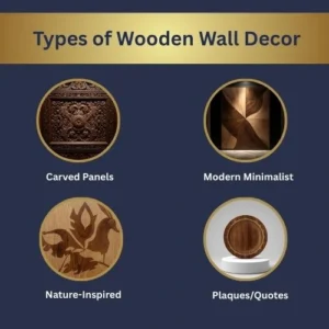 Four wooden art styles shown in one graphic (carved, modern, nature-inspired, plaques).